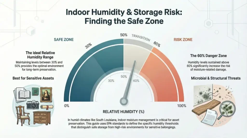 indoor humidity storage safe zone infographic
