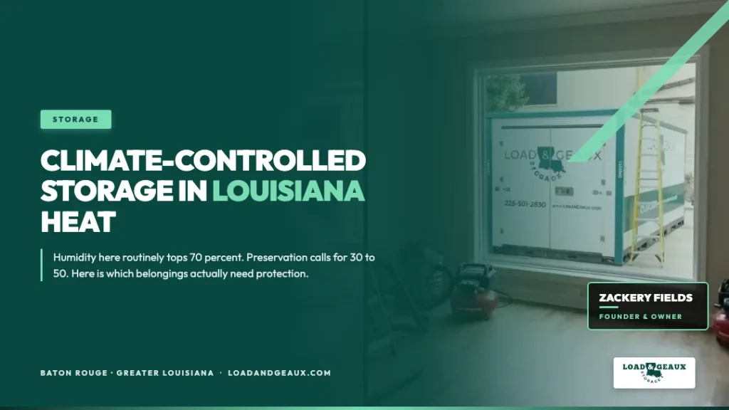 Climate-controlled portable storage container on a Baton Rouge driveway